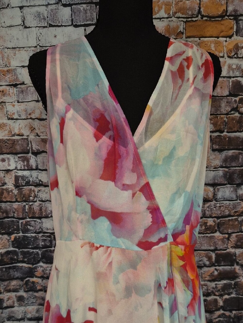 Calvin Klein Watercolor Floral High-Low Wrap Dress - Pink Blue Coral - Picture 3 of 10
